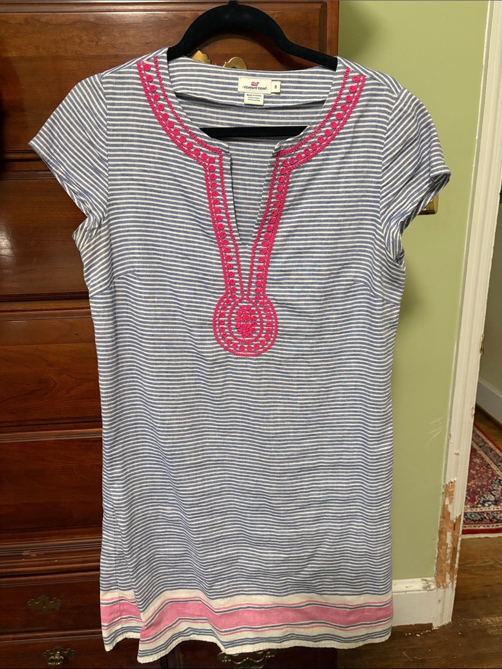 Vineyard Vines Navy and White Striped Tunic with Pink Embroidery